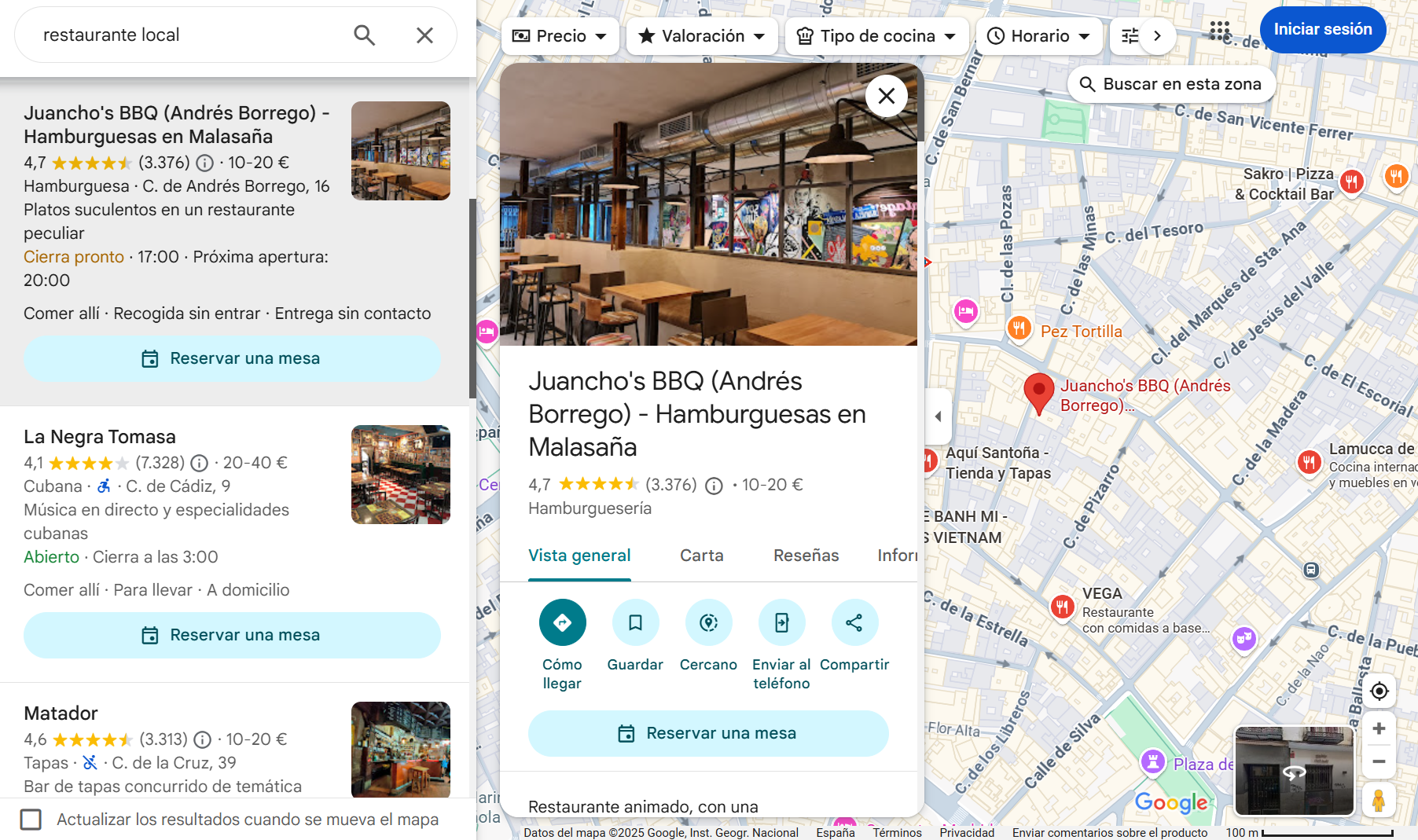 Ejemplo de búsqueda de restaurante en Google Maps